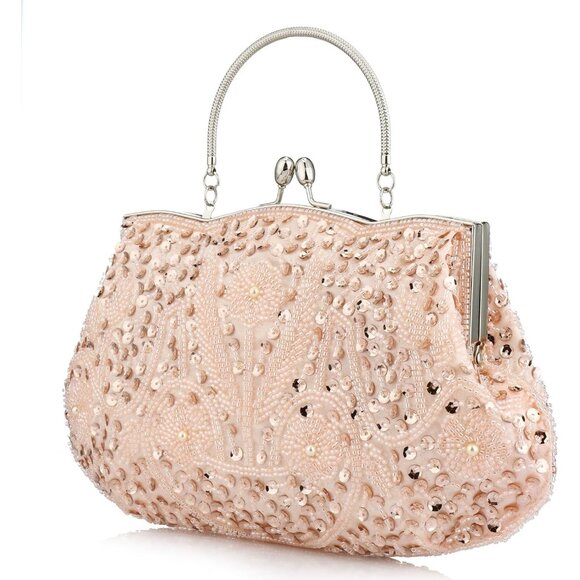 BEADED Sequin Flower Clutch Bag Champagne - Picture 3 of 8